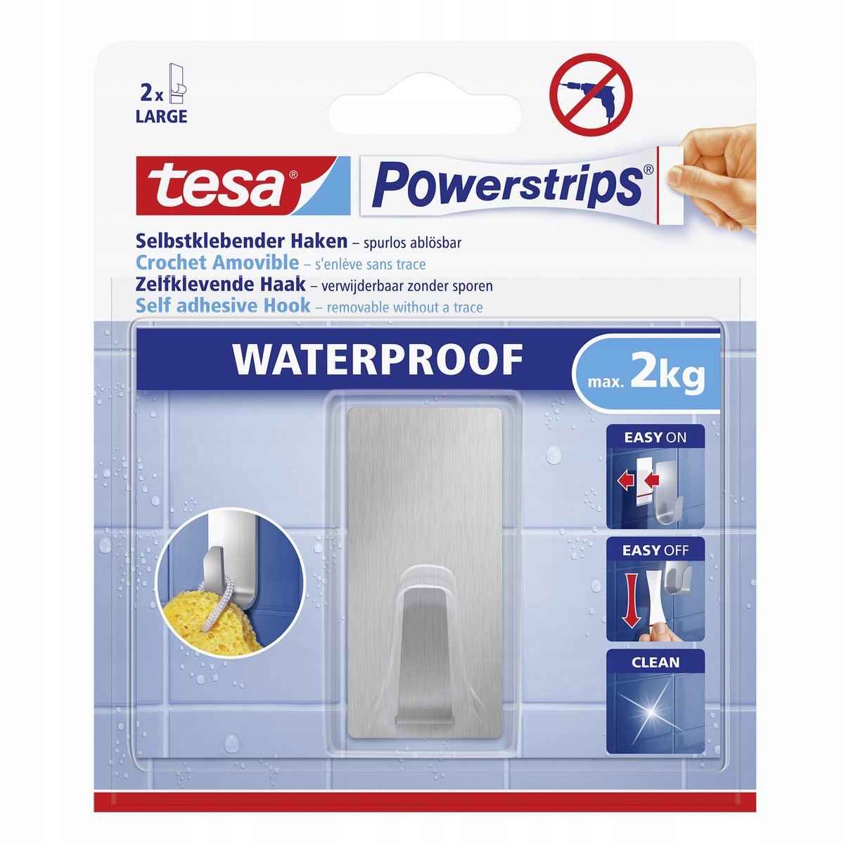 Tesa ® powerstrips waterproof kleefhaak l - rechthoekig - montage zonder boren - roestvrij staal (rvs) - draagkracht 2 kg - voor badkamer en douche