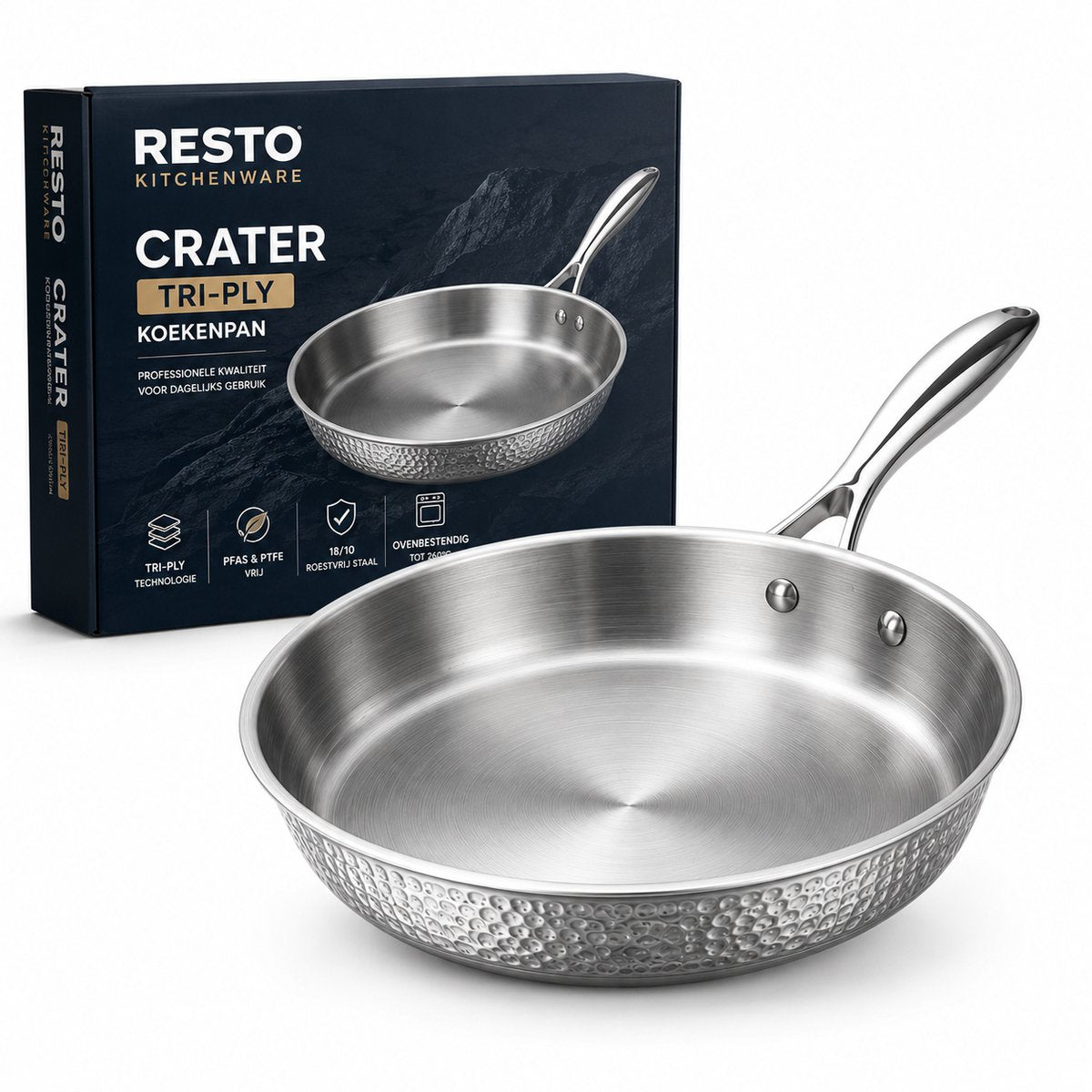 Resto crater koekenpan 26 cm – tri-ply rvs koekpan – inductie geschikt – professionele frypan – pfluon anti-aanbaklaag – ovenbestendig