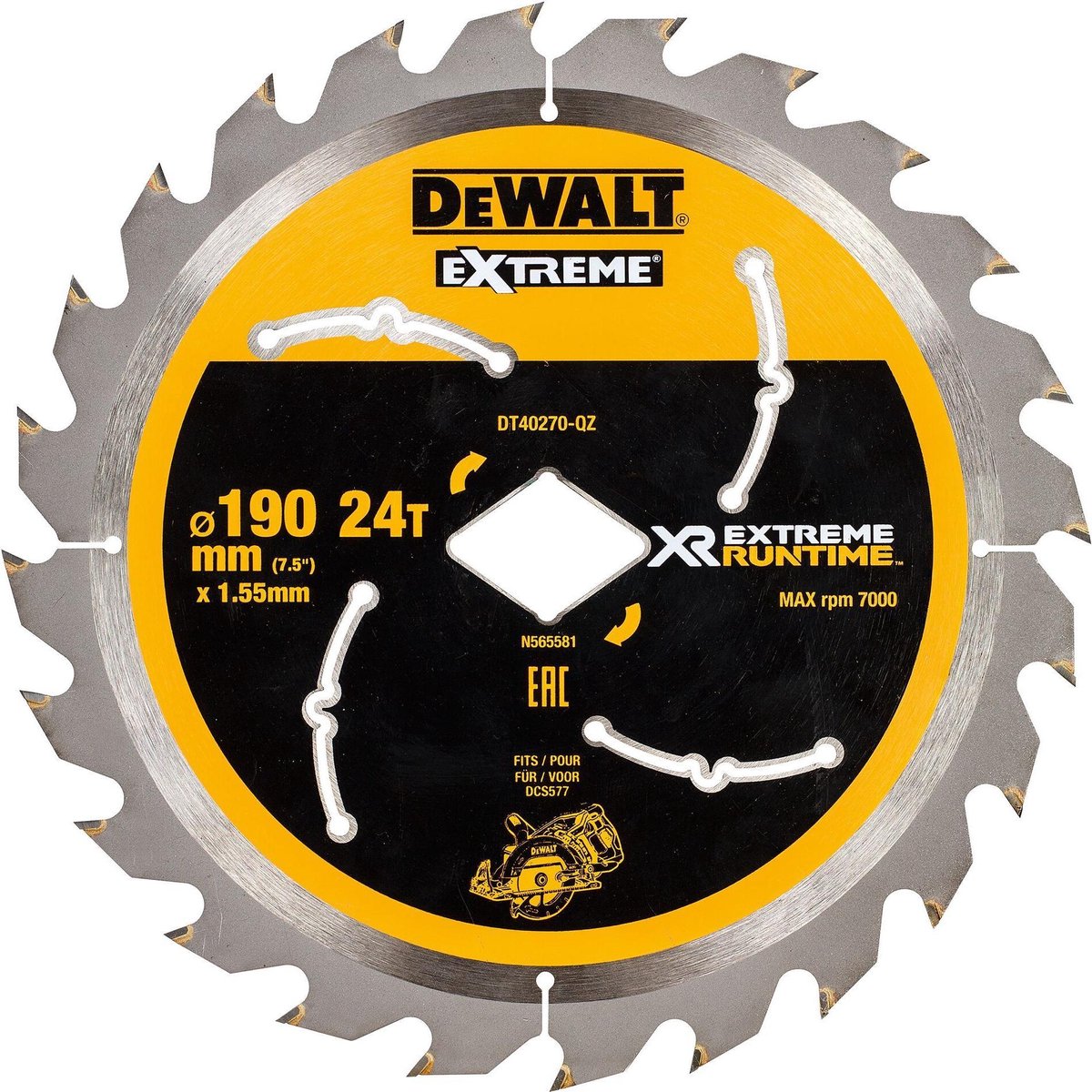 Dewalt cirkelzaagblad voor hout | extreme runtime | ø 190mm asgat ruit 24t - dt40270-qz