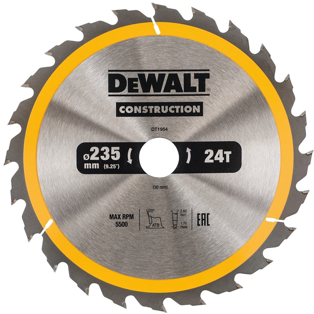 Dewalt cirkelzaagblad voor hout | construction | ø 235mm asgat 30mm 24t - dt1954-qz
