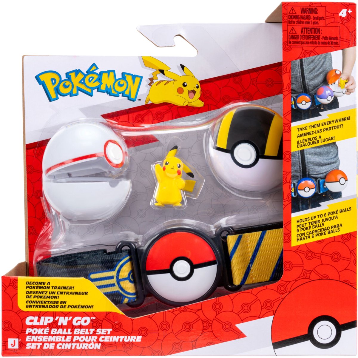 Jazwares pokémon - clip 'n' go poke ball belt set - pikachu #5 with premier ball, ultra ball electric-type themed belt
