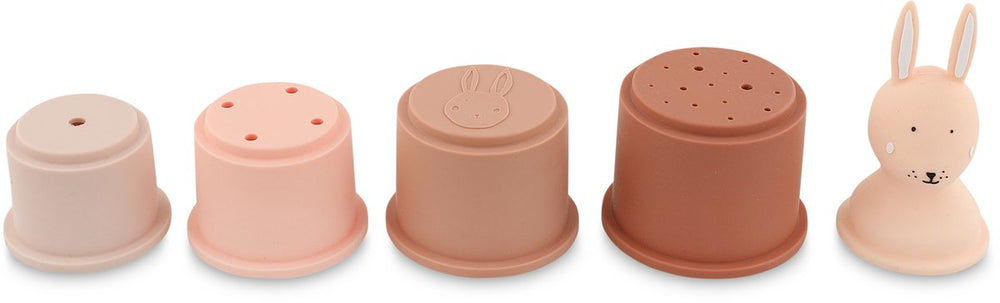 Trixie stapelpotjes – 5 stuks – mrs. rabbit – siliconen badspeelgoed – stapel- en gietbekers – vanaf 6 maanden