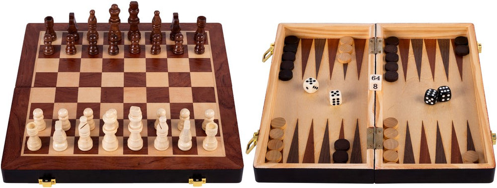 Engelhart opklapbare schaak backgammon set – houten schaak- en backgammonbord van essenhout – spelbord 30 x 30 x 5,5 cm – luxe reisbord draagbare spelset – 2 spellen in 1 –