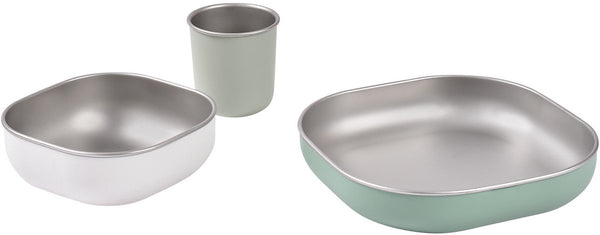 Béaba eetset - maaltijdset - bord, kom drinkbeker - rvs - zelfstandig leren eten - kan in magnetron, vaatwasser oven - onbreekbaar - sage green