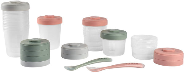 Béaba bewaarpotjes set van 12 - 2 x 90 ml, 4 x 150 ml en 6 x 250 ml met 2 siliconen lepels - hermetisch en lekvrij voor in de luiertas - stapelbaar met labelzone - geschikt voor vriezer, magnetron en babycook - groen roze