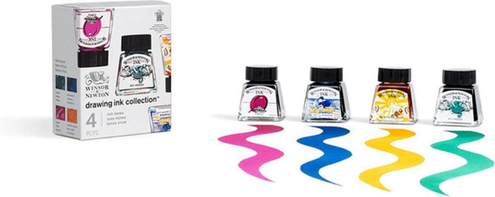 Winsor newton 1090104 tekentint set „rich tones“ 4x14 ml – sneldrogende, transparante inkt voor penseel, pen en airbrush - drawing ink collection