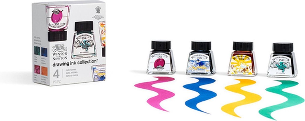 Winsor newton 1090104 tekentint set „rich tones“ 4x14 ml – sneldrogende, transparante inkt voor penseel, pen en airbrush - drawing ink collection