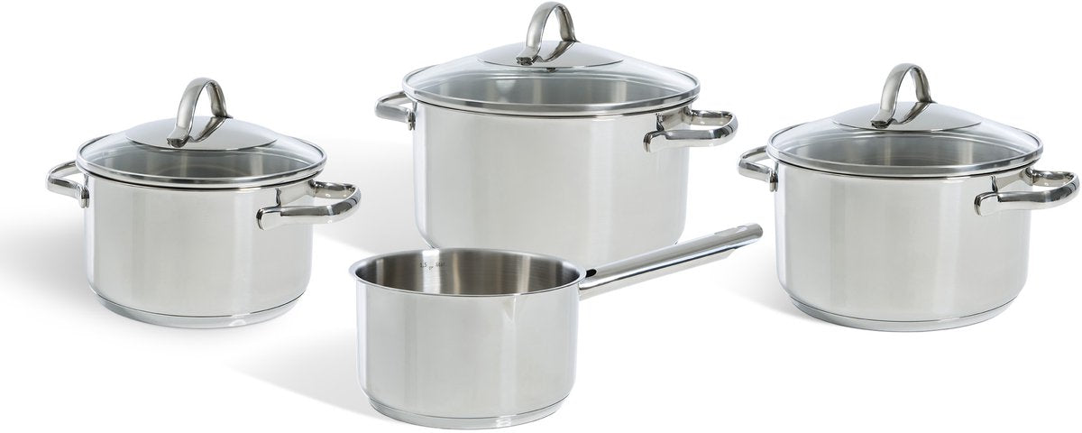 Bk essentials pannenset 4-delig - 16 18 20cm -zonder pfas-vrije antikleeflaag - pannenset inductie - inductie kookpan - rvs pannenset - ovenbestendig tot 230°c - met glazen deksel - zilver