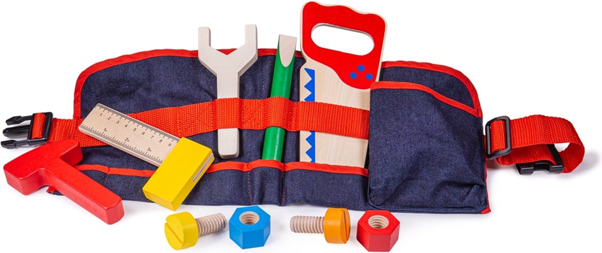 Bigjigs toys rode gereedschapsgordel met houten gereedschap - bigjigs - met klipsluiting - 10-delig