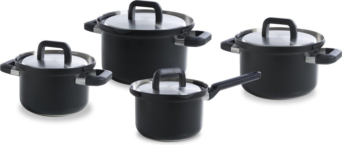 Bk flow cool black pannenset 4-delig - 16 18 20cm - zonder pfas-vrije antikleeflaag - pannenset inductie - rvs kookpan - ovenbestendig tot 160°c - met deksel - zilver