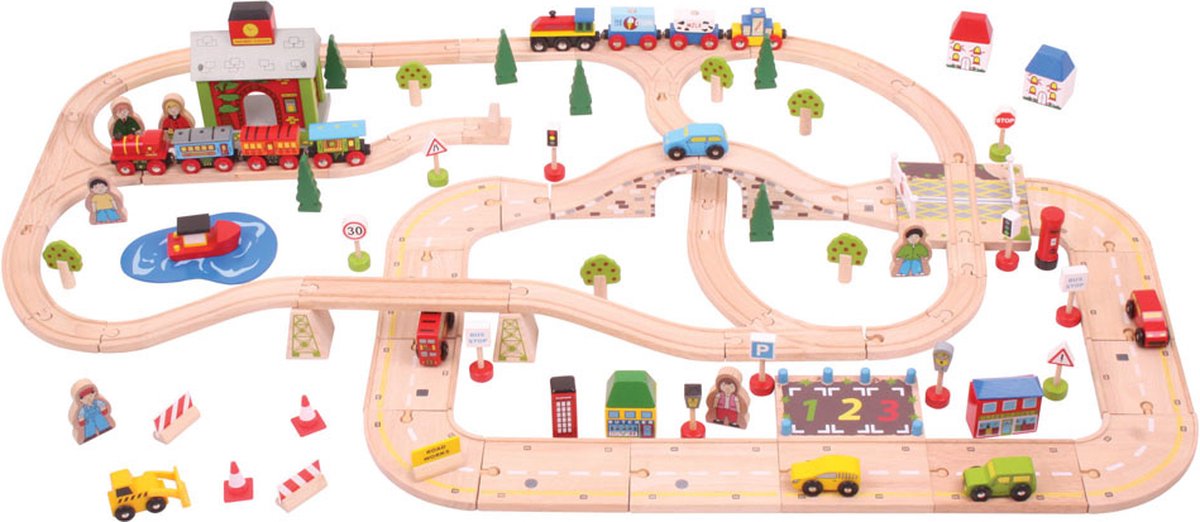 Bigjigs houten treinbaan en autoweg set, 105-delig