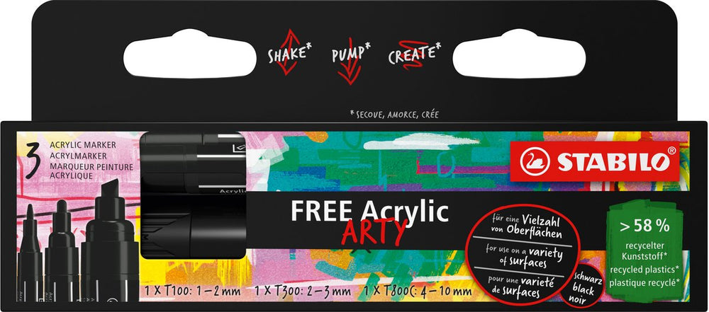 Stabilo free - acryl marker - mixed tip set - zwart - 3 verschillende tip sizes