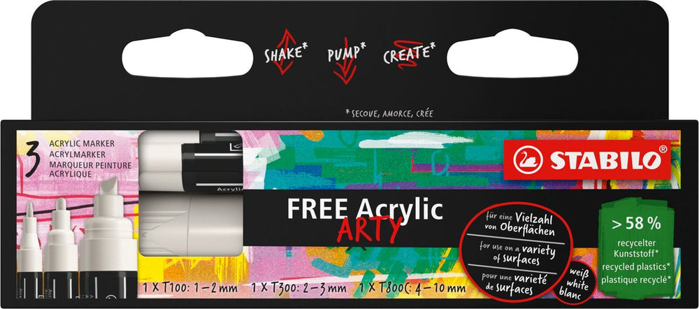 Stabilo free - acryl marker - mixed tip set - wit - 3 verschillende tip sizes