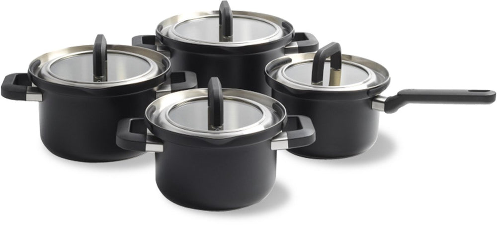Bk flow cool black pannenset 4-delig - 16 18 20cm - rvs pannenset - inductie pannenset - ovenbestendig tot 160°c - koudgrepen - met deksel - zwart