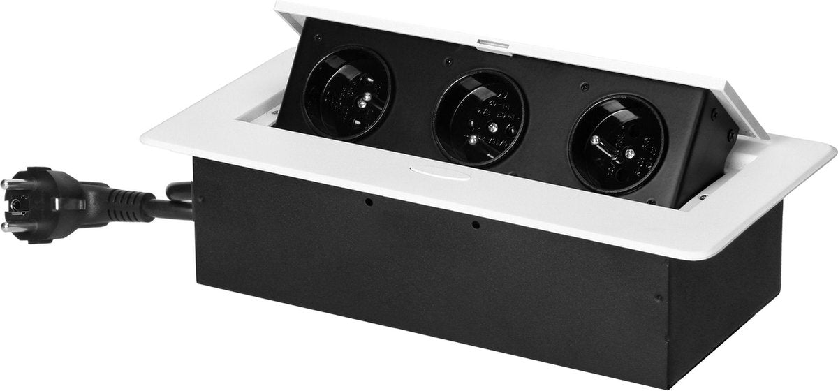 Orno stekkerdoos met 3 stopcontacten - pop up stekkerblok met 1.5 meter kabel - inbouw verdeelstekker met rvs afwerking - verdeeldoos 230 volt - voor max. 3680 watt - penaarde - wit
