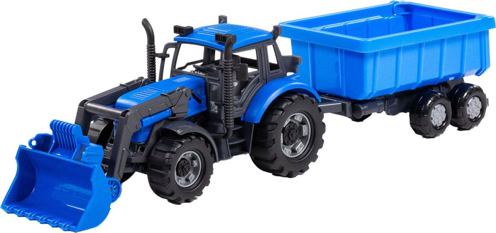 Cavallino tractor met lader en aanhang kiepwagen blauw, schaal 1:32