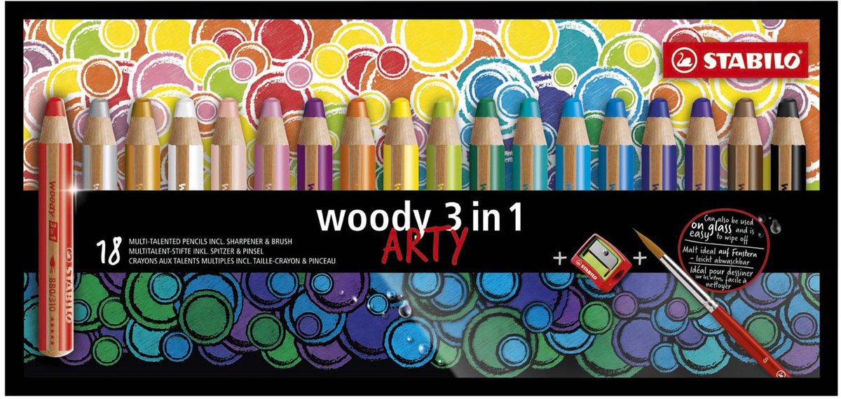 Stabilo woody 3 in 1 - multi-talented colouring pencil - arty - set of 18 + sharpener