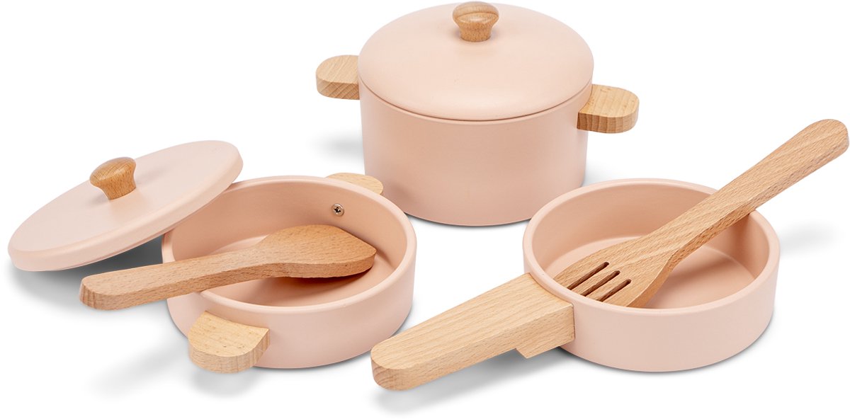 Woet ® houten pannenset roze - 7-delige set met kookgerei - speelgoed keukenset - speelgoedkeuken accessoires voor kinderen - rollenspel keukenspeelgoed - vanaf 2 jaar