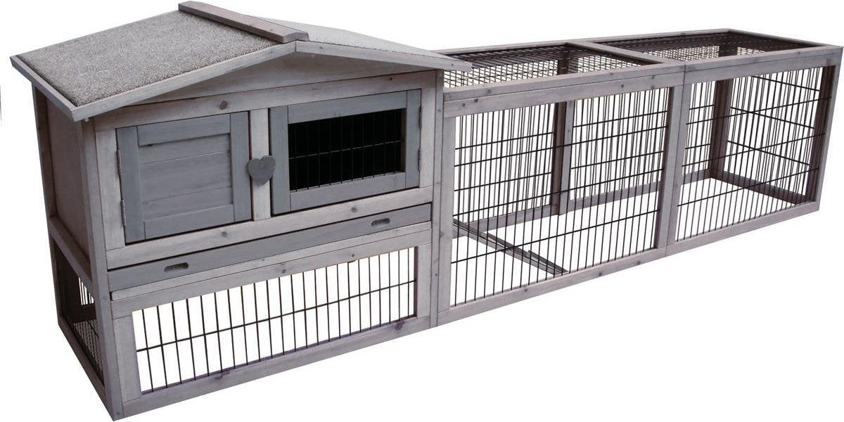 Flamingo konijnenhok met ren – extra groot konijnenhok voor buiten met nachthok en uitloopren – 230x53x70 cm – konijnenhok jumbo cottage grijs