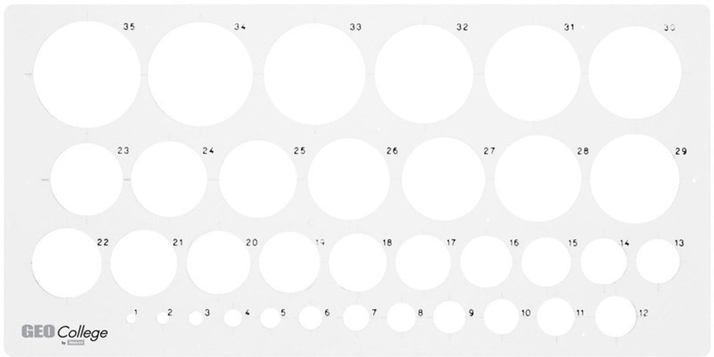 Aristo cirkelsjabloon - geocollege - afmetingen 350x130mm - diameter 1 tot 36mm - 35 cirkels - grijs transparant - ar-23319