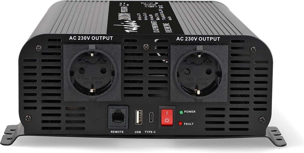 Nedis auto omvormer 2000w – 24v 230v – 2x stopcontact + usb-a usb-c – zuivere sinusgolf – schroefaansluiting – spanningsomvormer