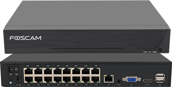 Foscam fna216he - 16-kanaals 4k 8mp poe nvr - netwerk video recorder - beveiligingscamera recorder - bewegingsdetectie - h.264+ - hdmi vga - 2x16tb hdd - plug play - zwart