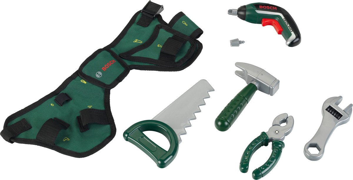 Klein toys bosch mini gereedschapsgordel-set - accuschroevendraaier, hamer, tang, zaag, moersleutel, schroevendraaier - incl. licht- en geluidseffecten - groen rood