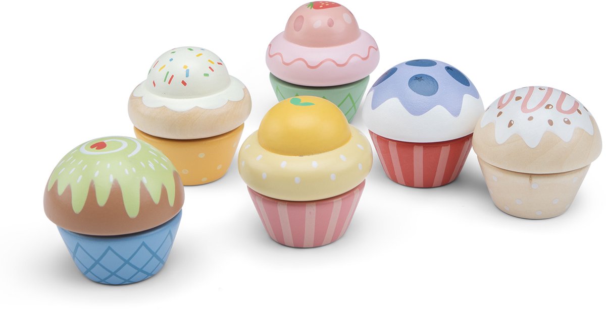 Woet ® houten speelgoed cupcakes set - 6 stuks - speelgoedeten voor kinderen - rollenspel keukenspeelgoed - vanaf 2 jaar