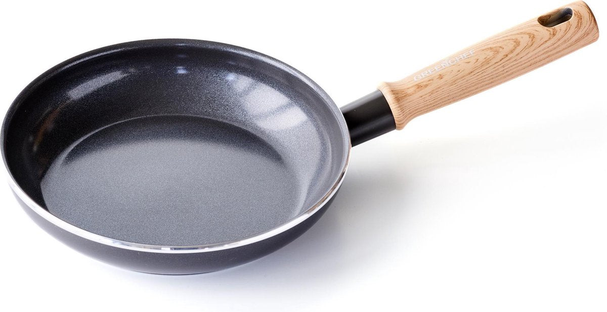 Greenchef vintage koekenpan 20cm - pfas-vrije antikleeflaag - wokpan inductie - keramische pan - ovenbestendig tot 160°c - houten handgreep - koelgreep - zwart