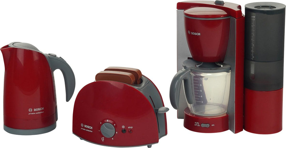 Klein toys bosch speelgoed keukenapparaten ontbijt - koffiezetapparaat - broodrooster - waterkoker - rood