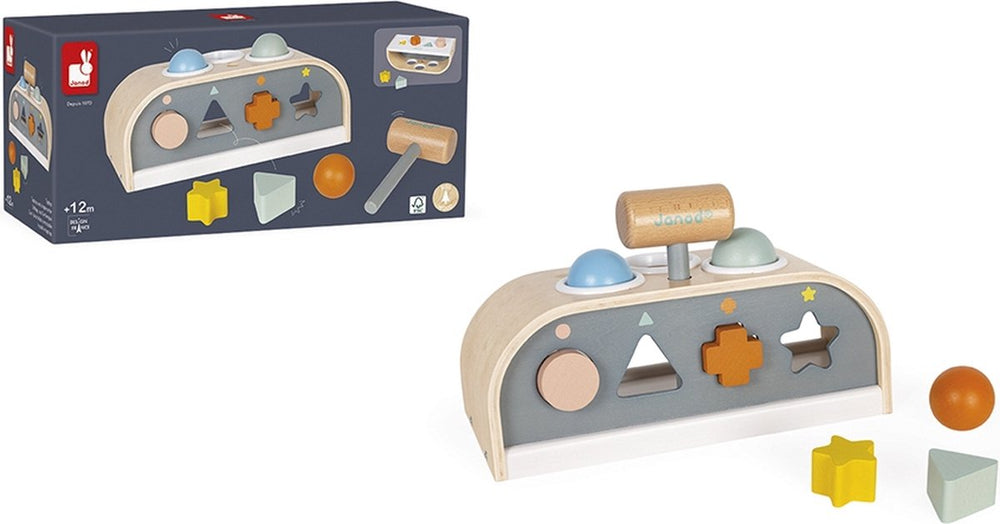 Janod sweet cocoon - tap tap hamerbank en vormenstoof - behendigheidsspeelgoed voor uren speelplezier! - geschikt vanaf 1 jaar
