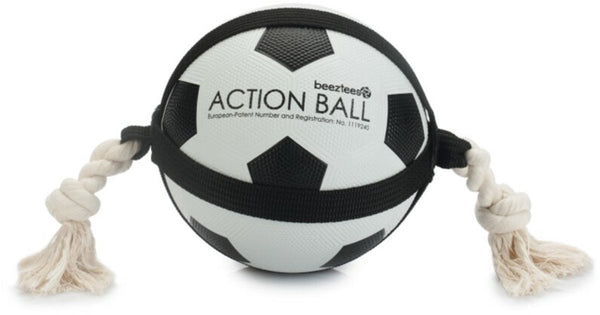 Beeztees action voetbal met touw - hondenspeelgoed - 19 cm