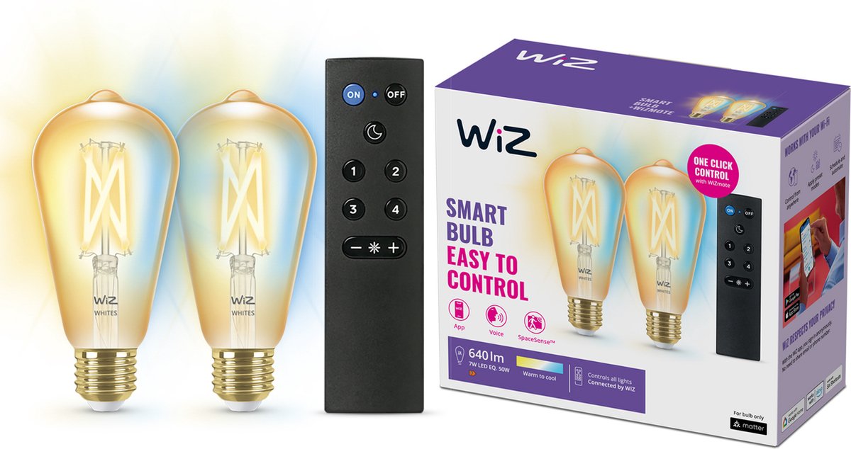 Wiz filament lamp edison - 2-pack + afstandsbediening - warm- tot koelwit licht - slimme led verlichting - e27 fitting - 50w - goud - wi-fi