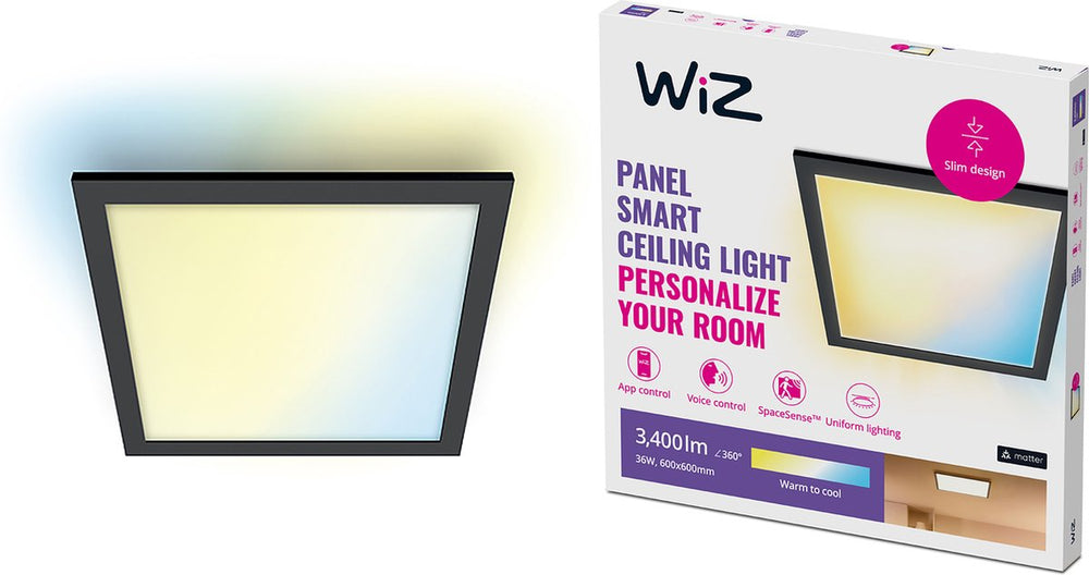 Wiz plafondlamp led paneel - 60 x 60 cm - warm- tot koelwit licht - slimme led verlichting - 36w - vierkant - zwart