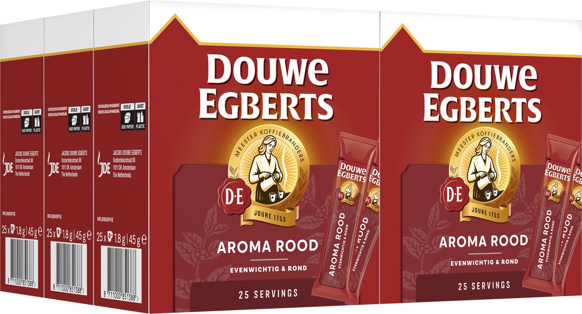 Douwe egberts aroma rood sticks oploskoffie - 6 x 25 zakjes