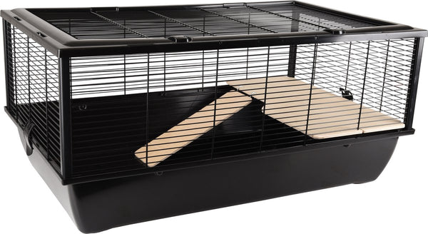 Flamingo hamsterkooi – elsa – caviakooi dwergkonijnenkooi – kooi met platform en loopplank – metaal zwart hout naturel – 77x47x36,5 cm – europese kwaliteit