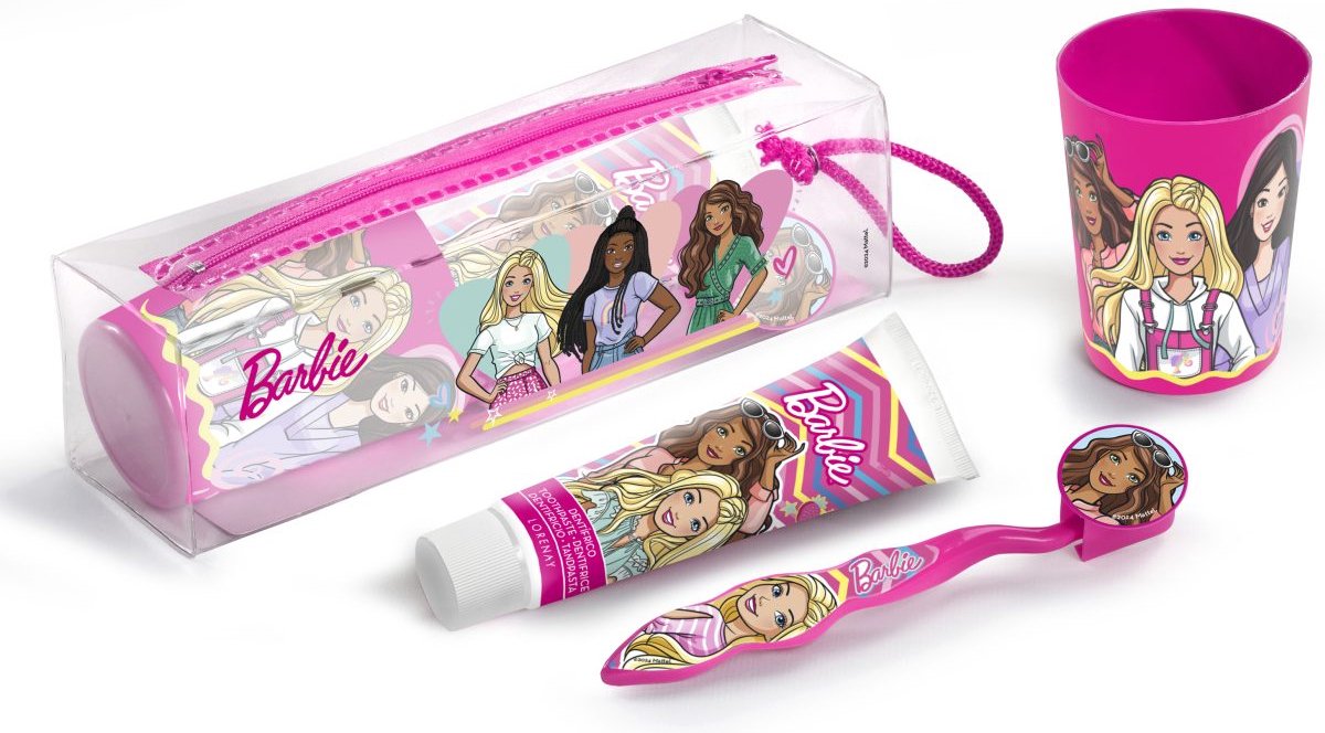Lorenay - barbie - tandenborstelset + tandpasta + beker + etui - reistas voor kids