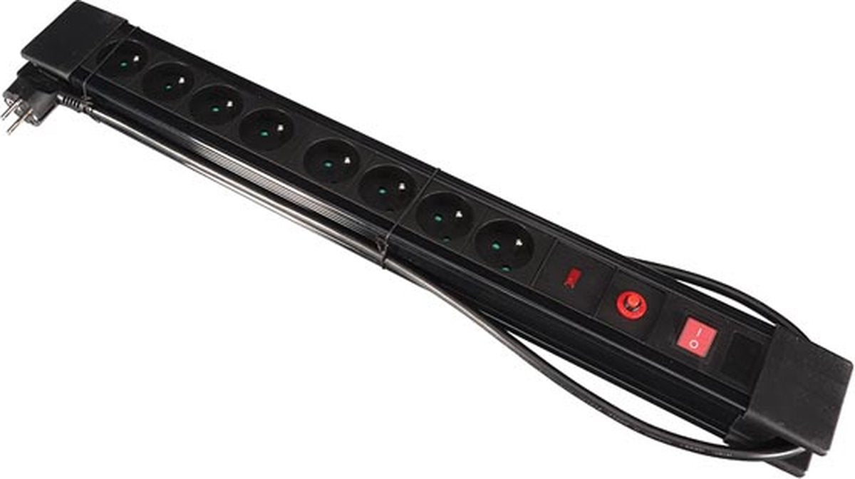 Perel stekkerdoos met schakelaar, overspannings- en overbelastingsbeveiliging, 8 stopcontacten met penaarde (type e), kabel 1.5 m, 3g1.5, ip20, zwart