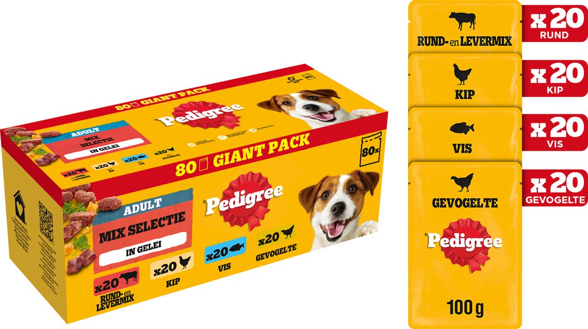 Pedigree hondenvoer - mix selectie in gelei - maaltijdzakjes - 80x100g