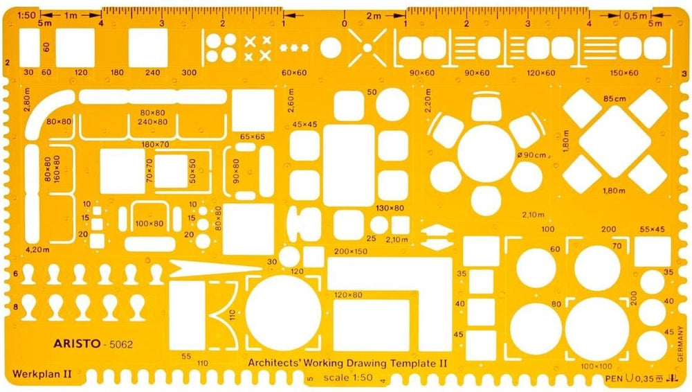 Aristo architecten combisjabloon ii - schaal 1:50 - met inktnoppen - oranje transparant - ar-5062