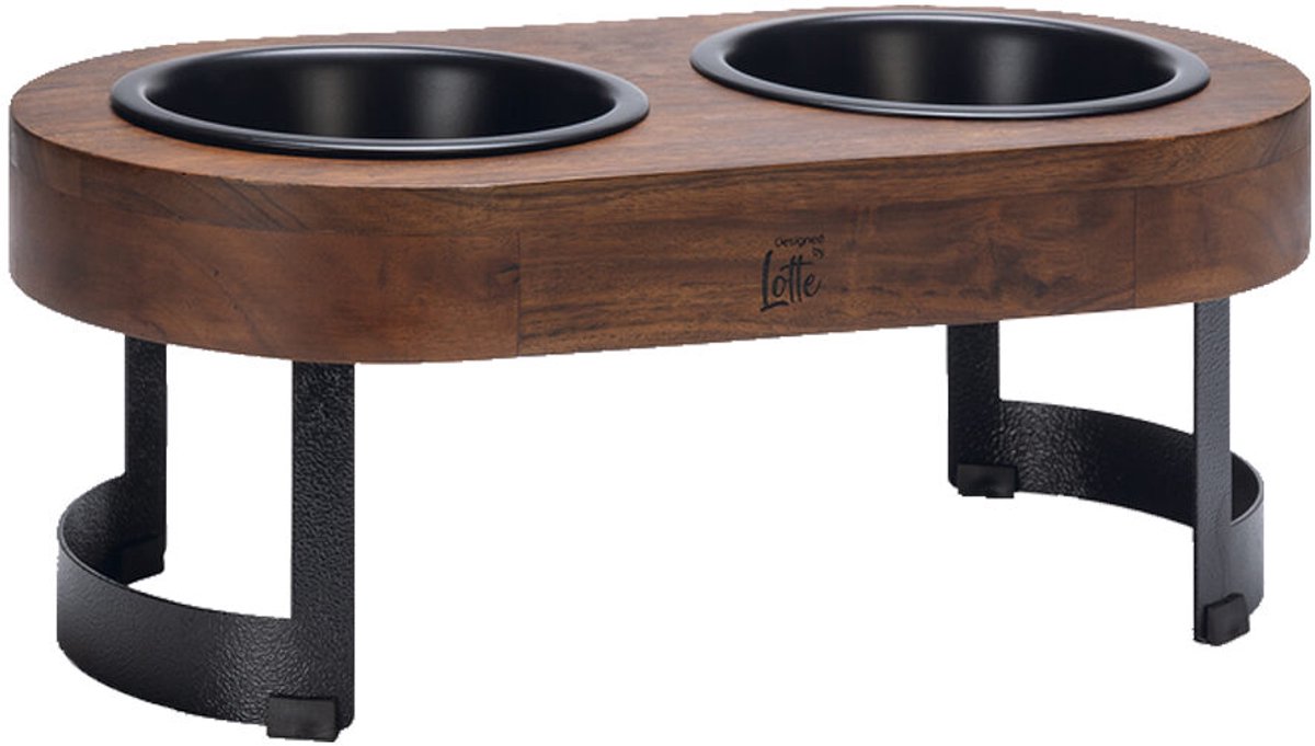 Designed by lotte mavira voerbak drinkbak hond - verhoogde dinerset eetbak waterbak hond - hout rvs - zwart - 2x800 ml