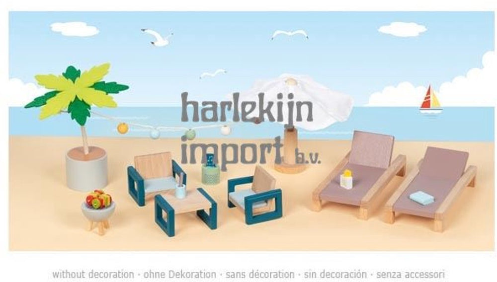 Goki poppenhuismeubeltjes: outdoor meubelset mallorca, 17-delig, ligbed 13x6x2,2cm, hout en tekstiel, 3+