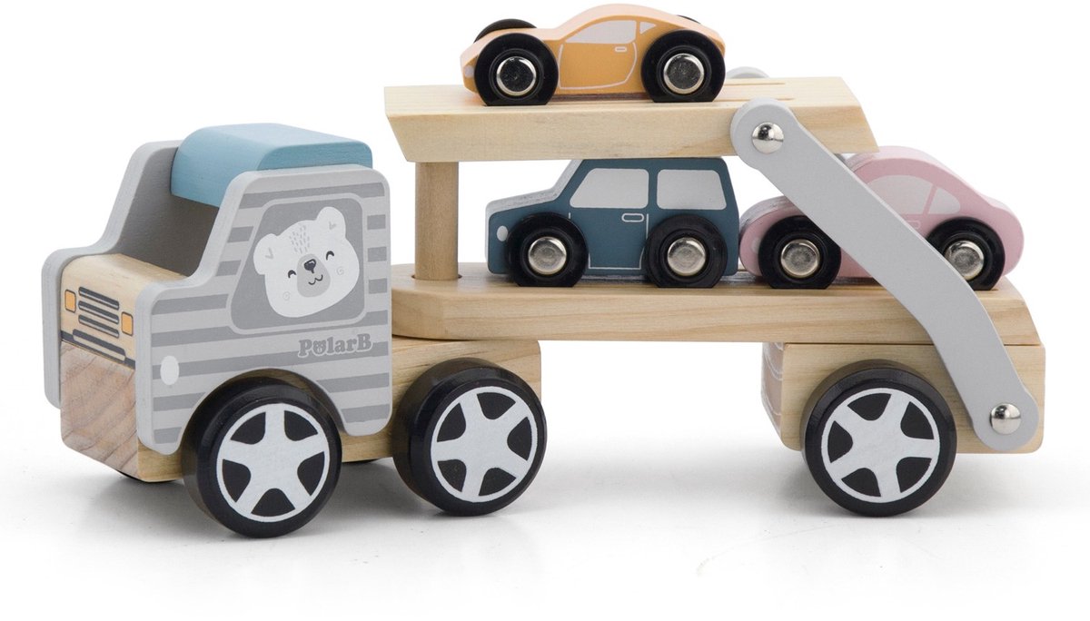 Polarb houten truck met oplegger incl. 3 auto's 44014