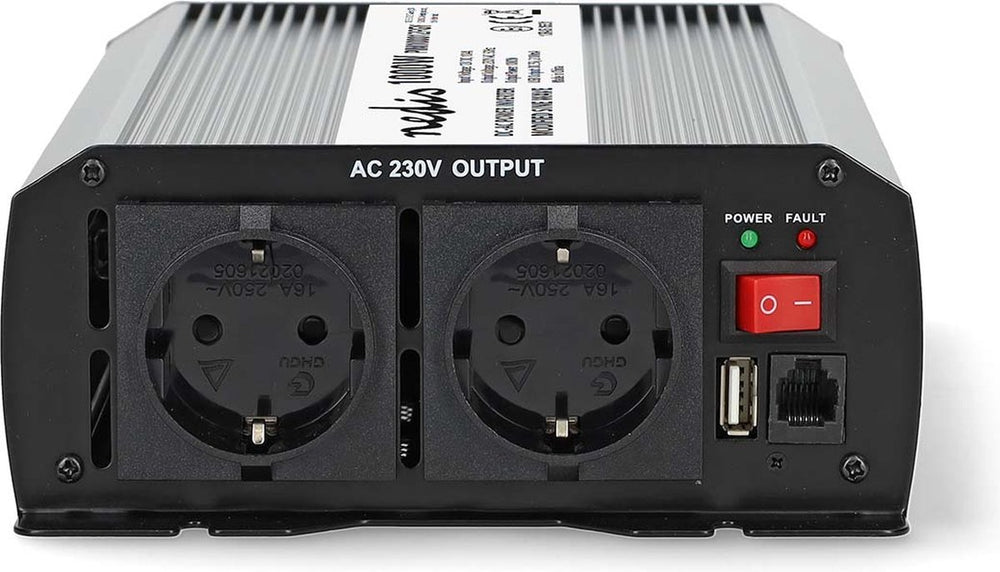 Nedis auto omvormer 1000w – 12v 230v – 2x stopcontact 1x usb oplaadpoort – gemodificeerde sinusgolf – spanningsomvormer