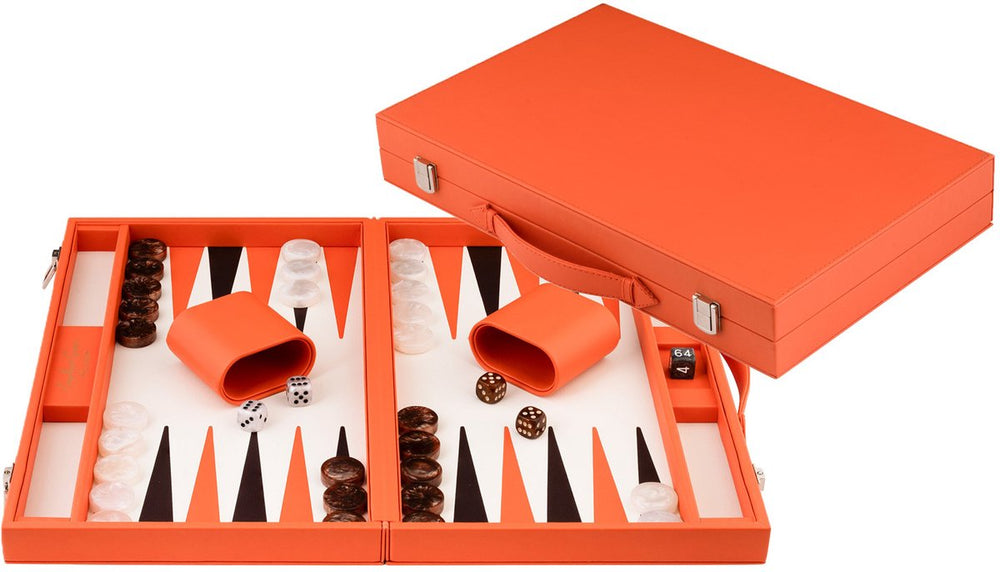 Longfield backgammon 15 oranje in kunstlederen koffer -