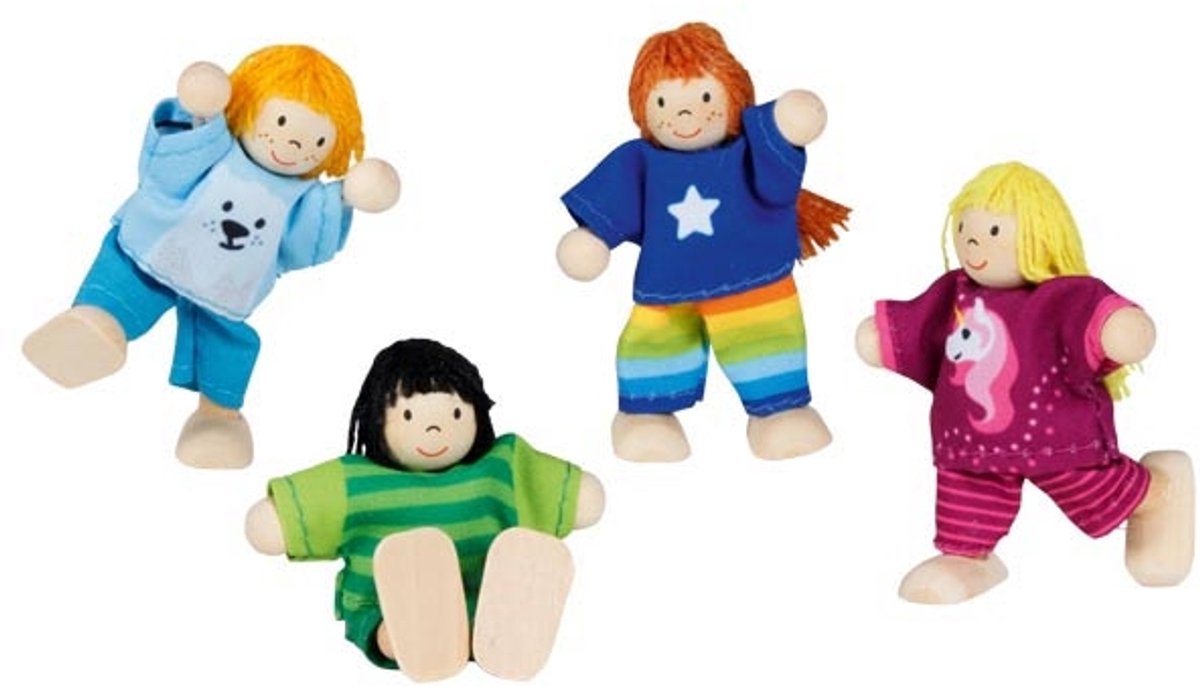 Goki houten poppenhuis poppen flexibele kinderen, 4st.