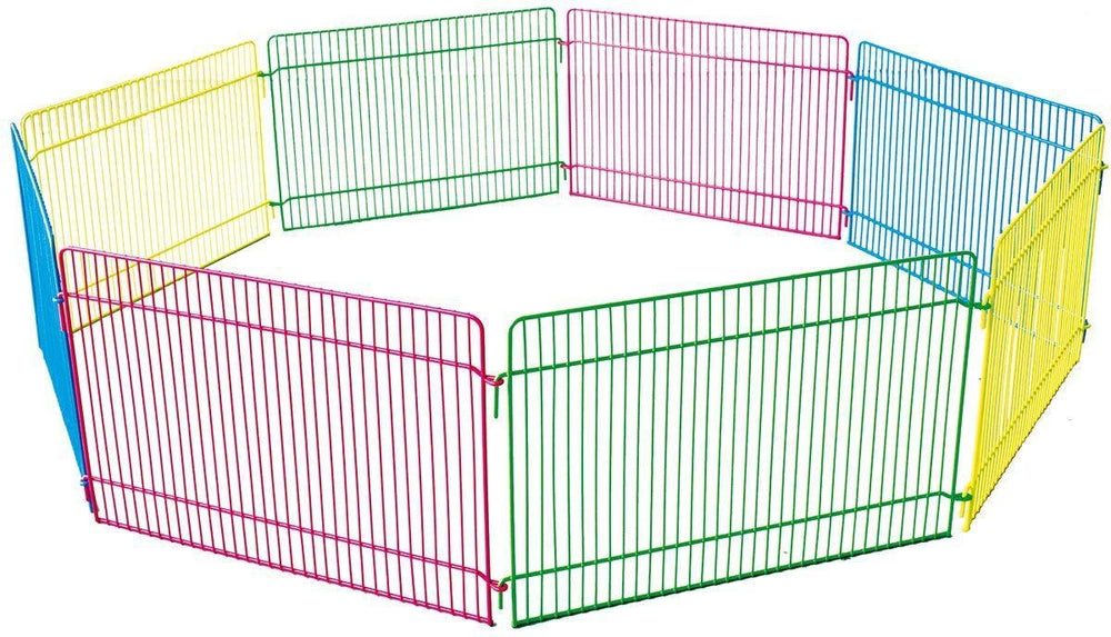 Flamingo konijnenren – knaagdierren – ren meerkleurig – ø84,5cm hoogte 23cm – 8 panelen – metaal – 1 deur met haaksluiting – opvouwbaar – voor kleine knaagdieren – binnen en buiten