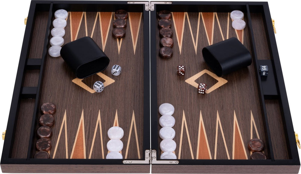 Longfield backgammon 15 inch - walnoot fineer ingelegd bord - luxe houten koffer - engelhart