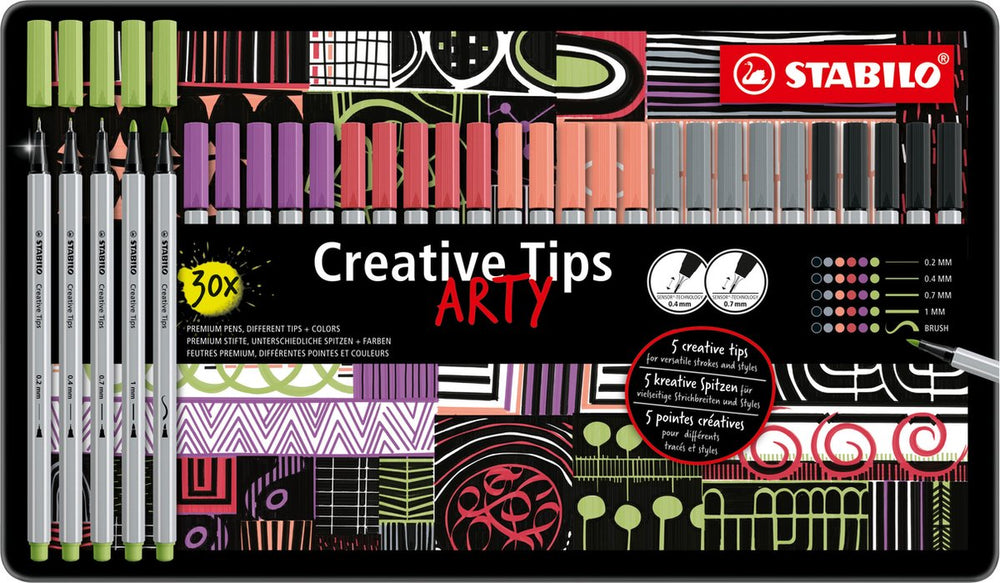 Stabilo creative tips arty pennen pastel kleuren in metalen etui - 30dlg.