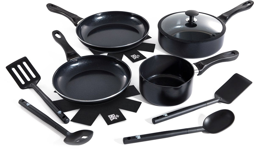 Bk vivid keramische antiaanbak pannenset 11 delig - ø16-28cm - inductie koekenpan - inductie hapjespan - inductie steelpan - pfas-vrij – ovenbestendig tot 160°c – vaatwasserbestendig – snelle opwarming – koudgrepen - zwart